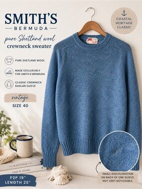 Smith’s Bermuda Pure Shetland Wool Blue Crewneck Sweater Size 40 US Mens Small